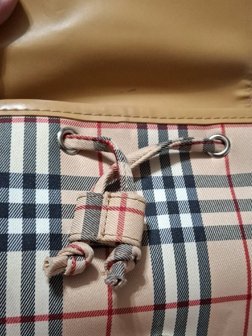 Burberry Tan and Beige Check Drawstring Backpack